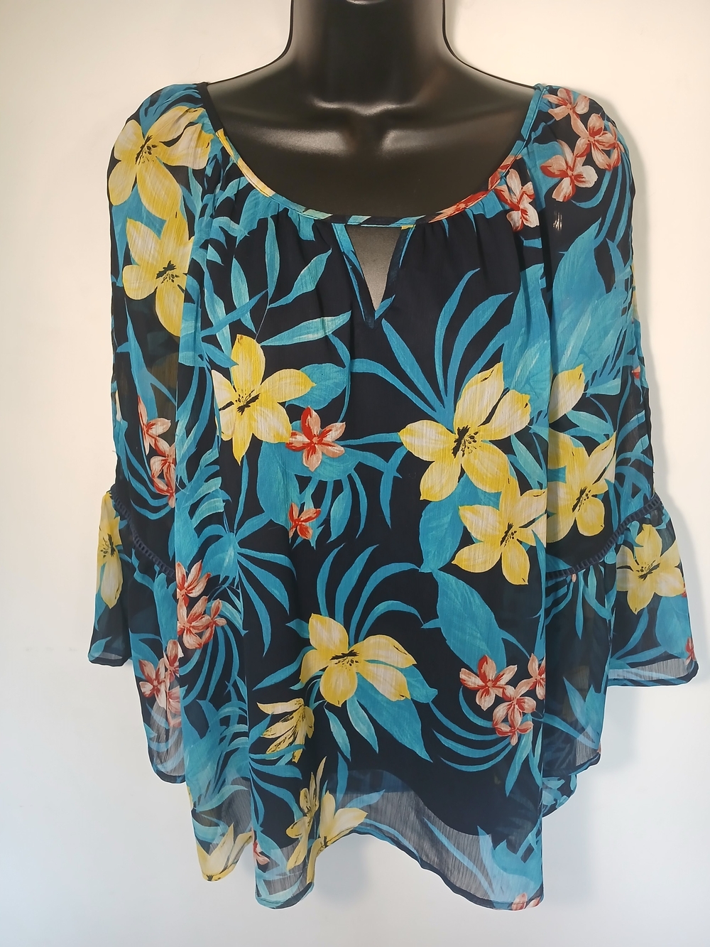 Women’s Navy Floral Tunic Top with Yellow & Teal Print - Picture 2 of 11